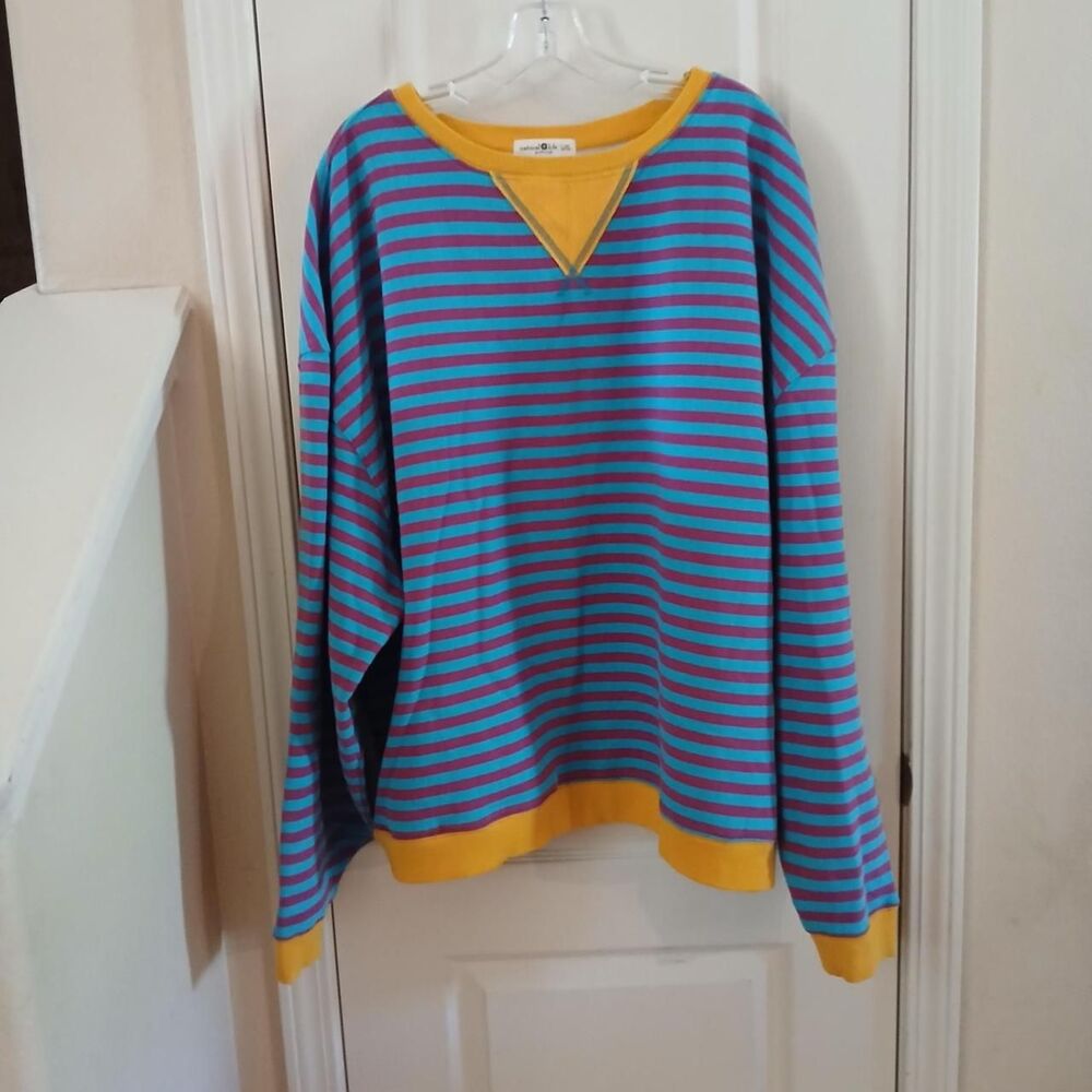Natural Life Blue & Purple Striped Yellow Trim Sweatshirt L/XL Granola Boho